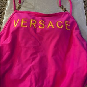 New Versace Hot Pink Swimsuit with Yellow Lettering